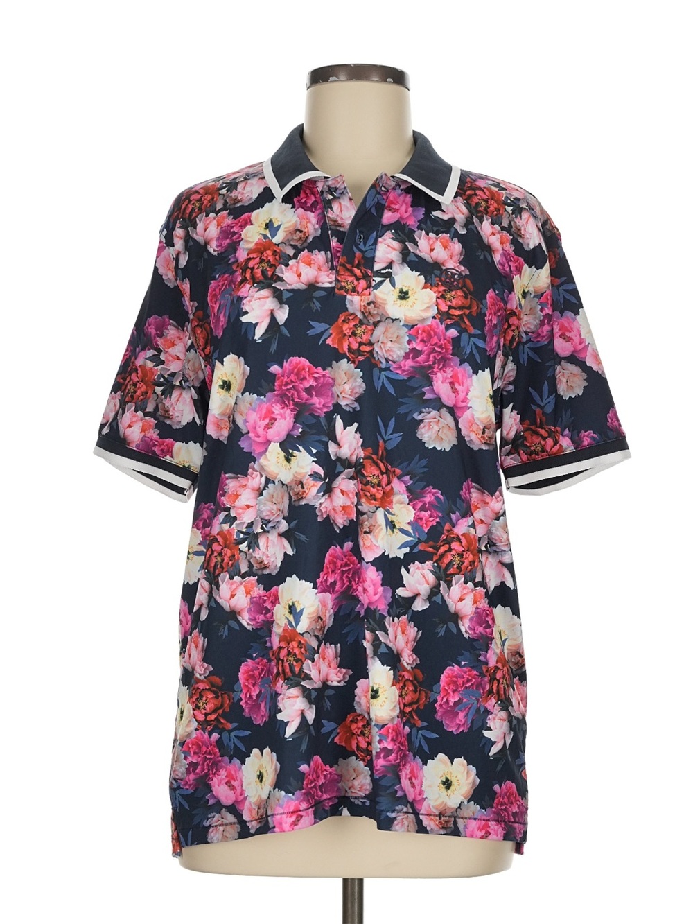 G/FORE Floral Polo Top in Navy with Pink & Cream Blooms